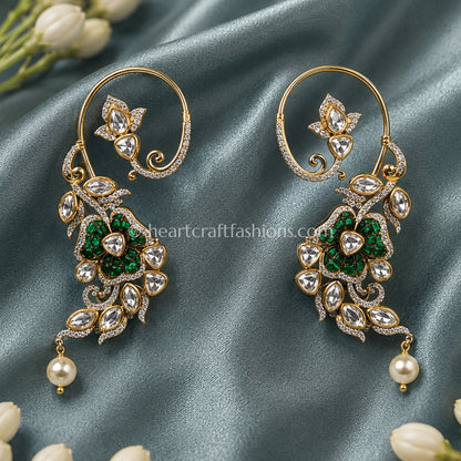 Sunehri Emerald Floral Kundan Ear Cuffs