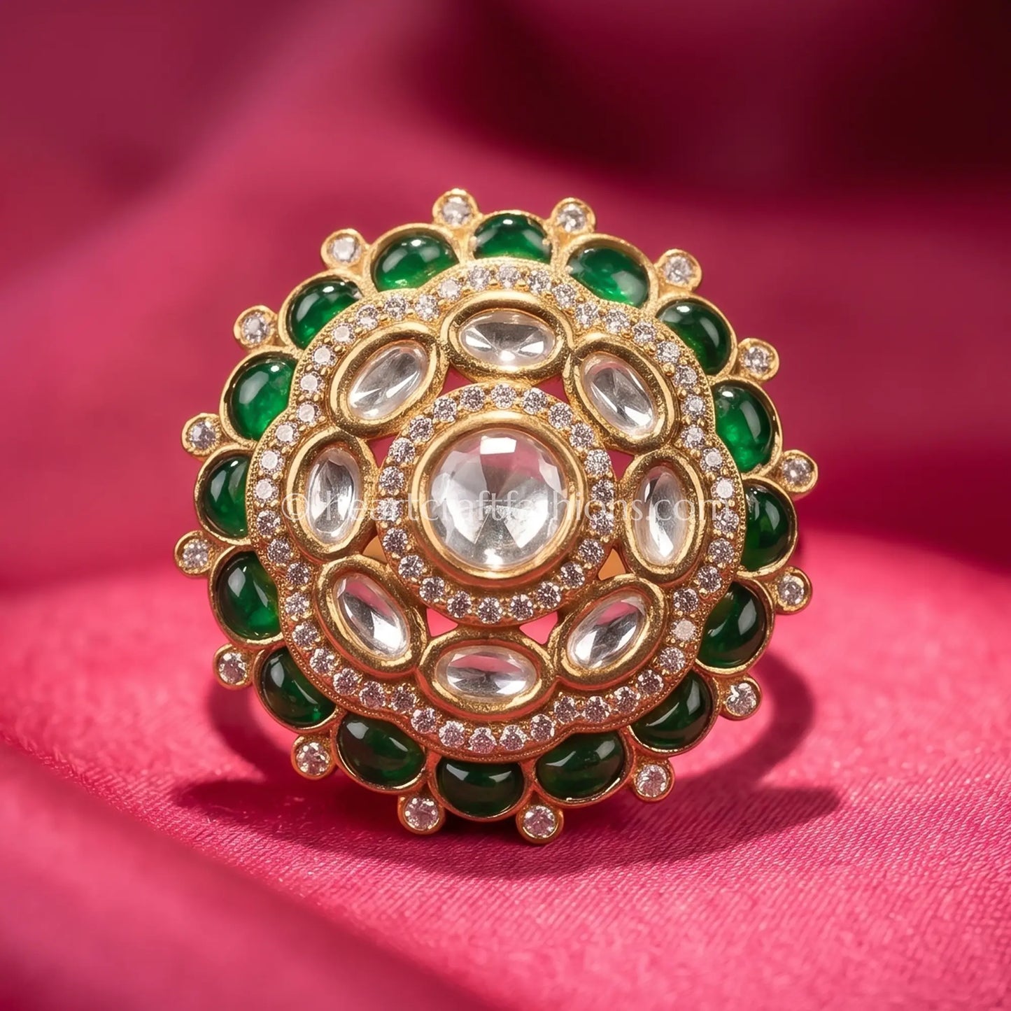 Sunehri Kundan Emerald Bloom Ring