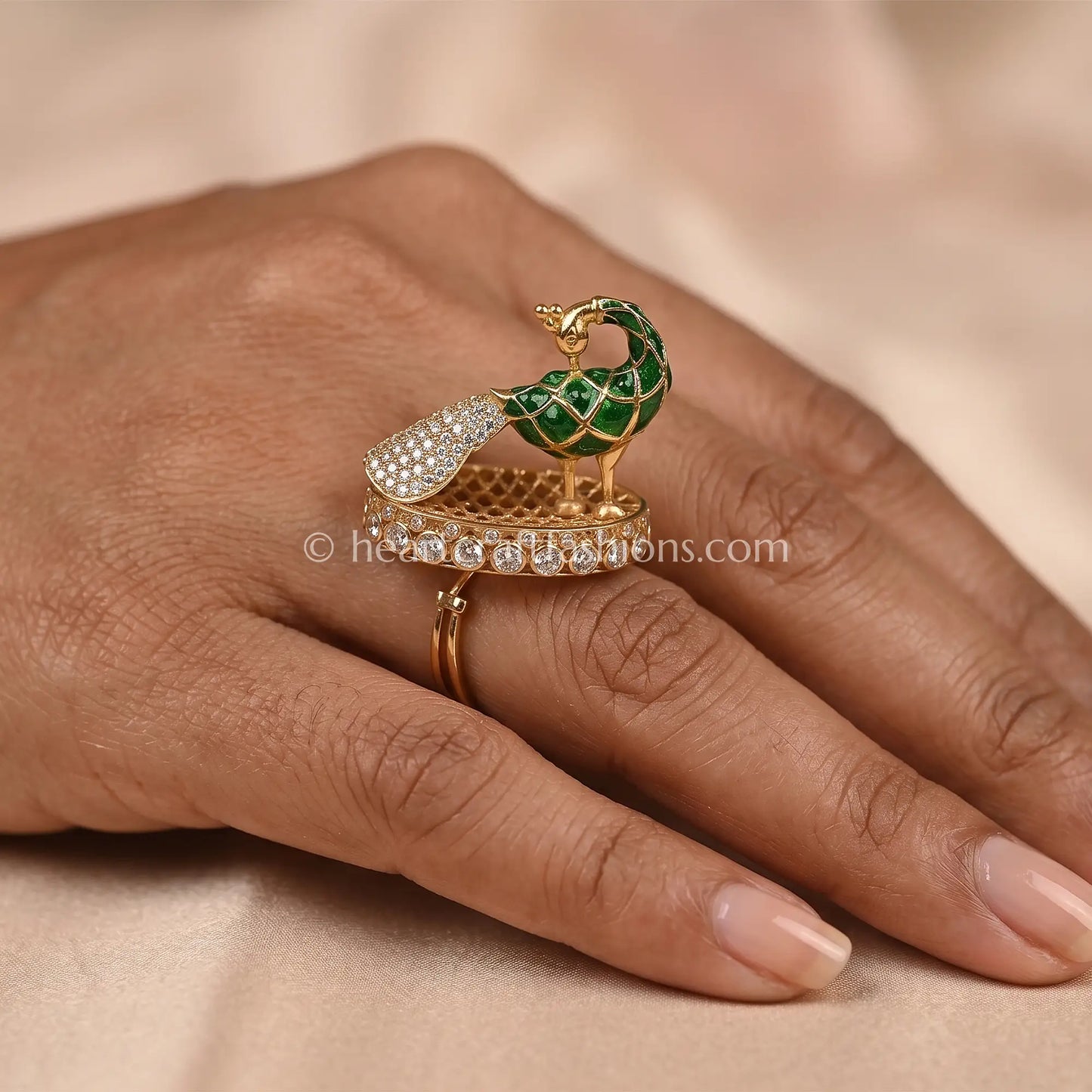 Sunehri Kundan Emerald Peacock Ring