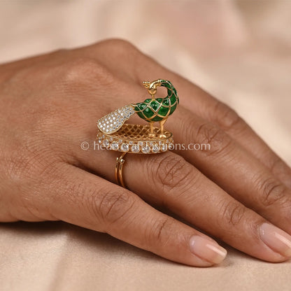 Sunehri Kundan Emerald Peacock Ring