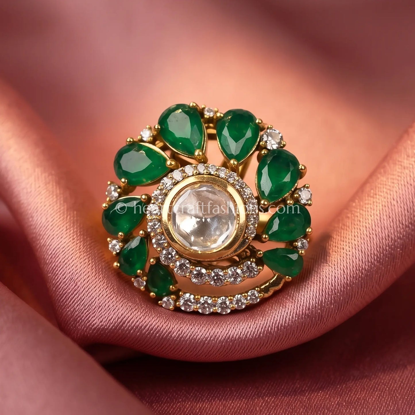 Sunehri Kundan Emerald Pushpa Ring