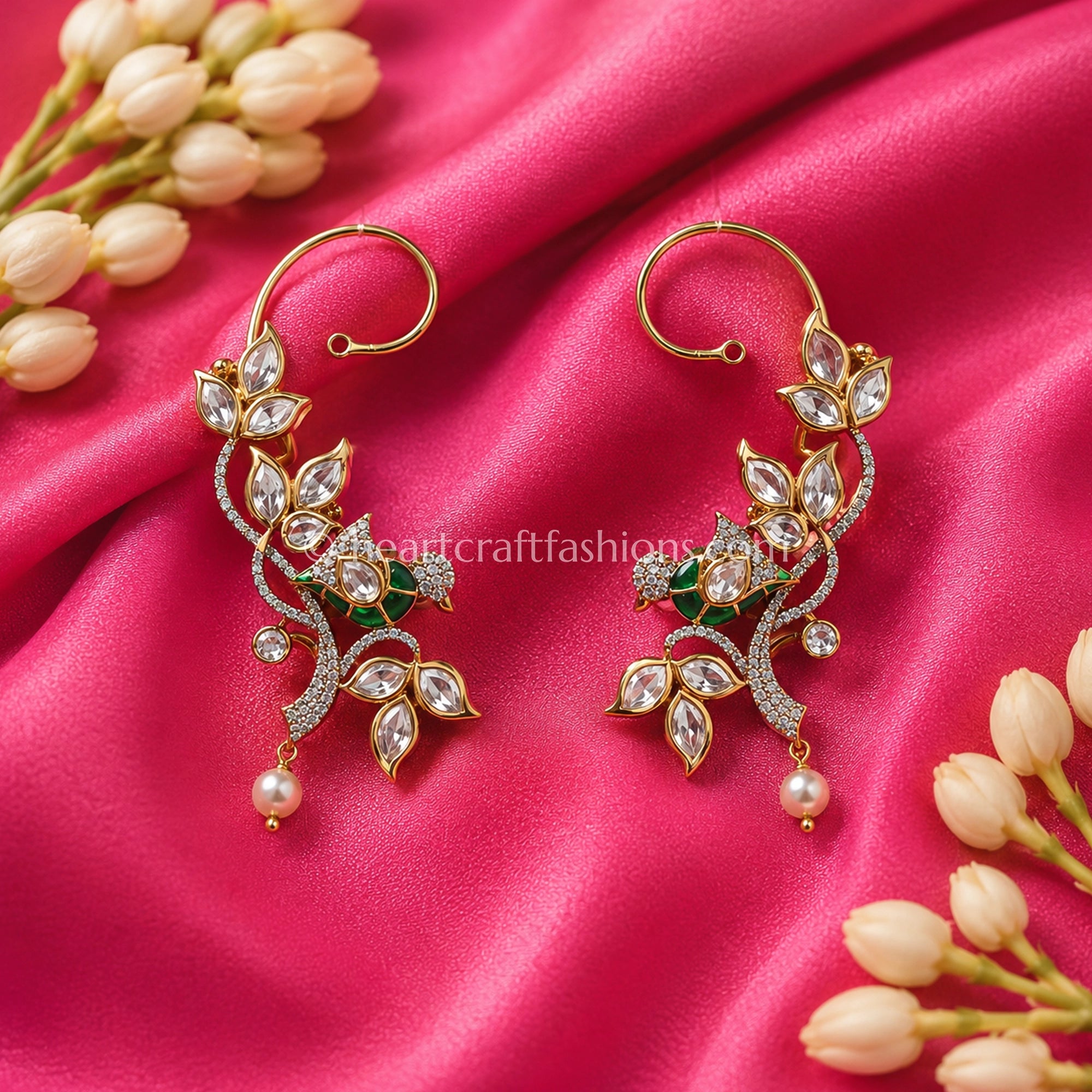 Sunehri Kundan Peacock Leaf Kaan Cuffs