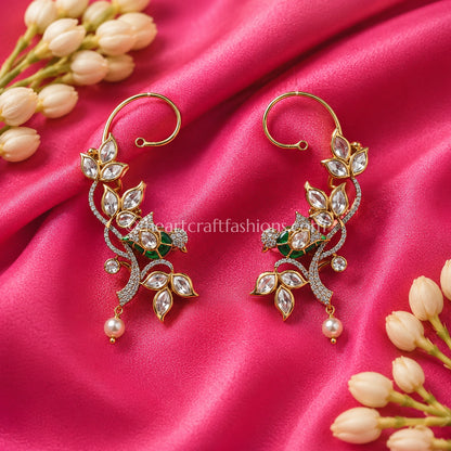 Sunehri Kundan Peacock Leaf Kaan Cuffs
