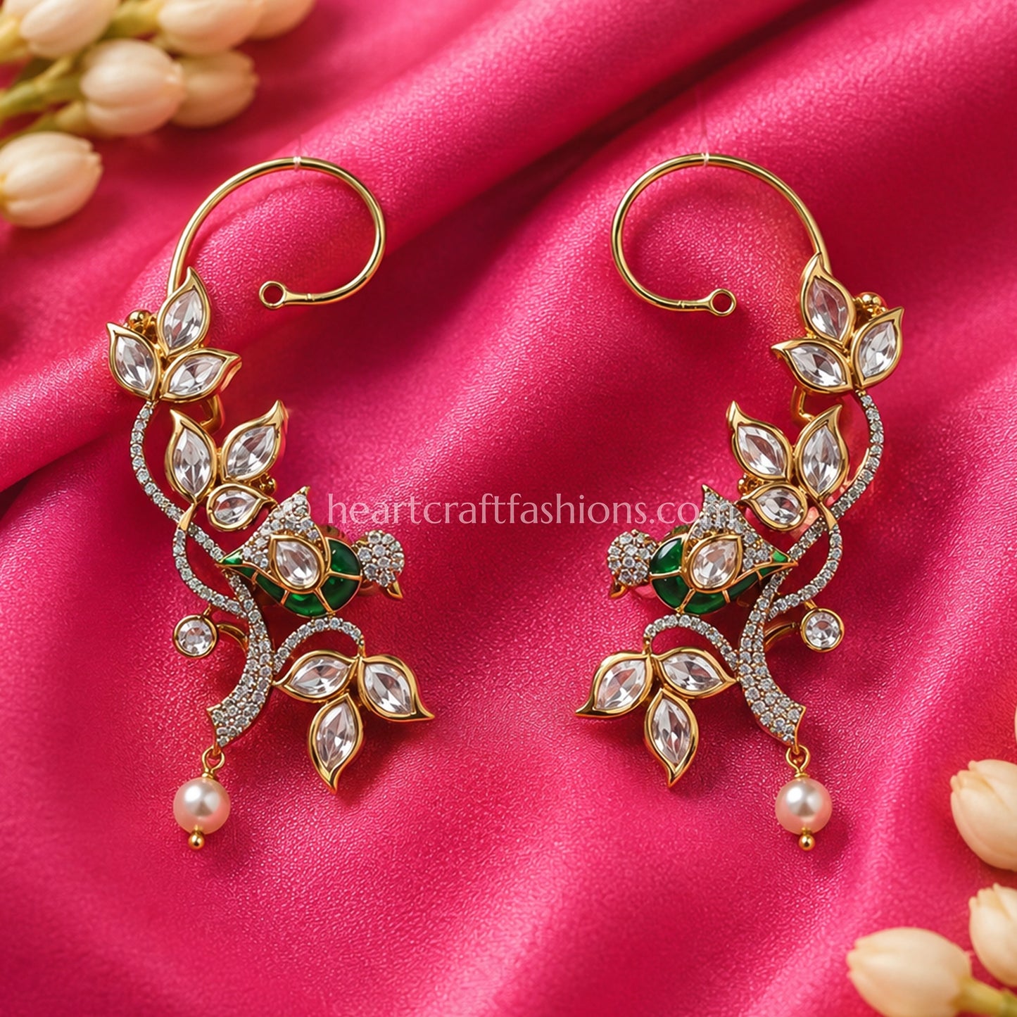 Sunehri Kundan Peacock Leaf Kaan Cuffs