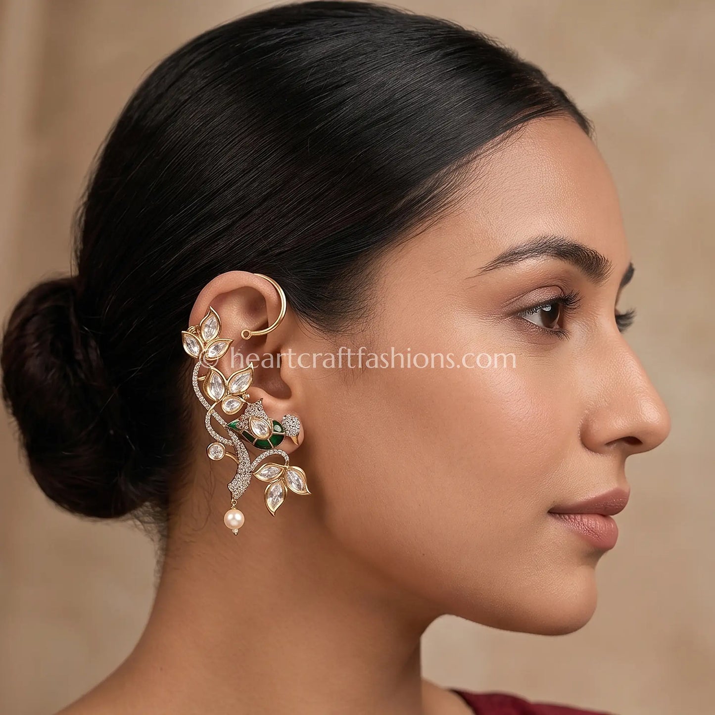 Sunehri Kundan Peacock Leaf Kaan Cuffs
