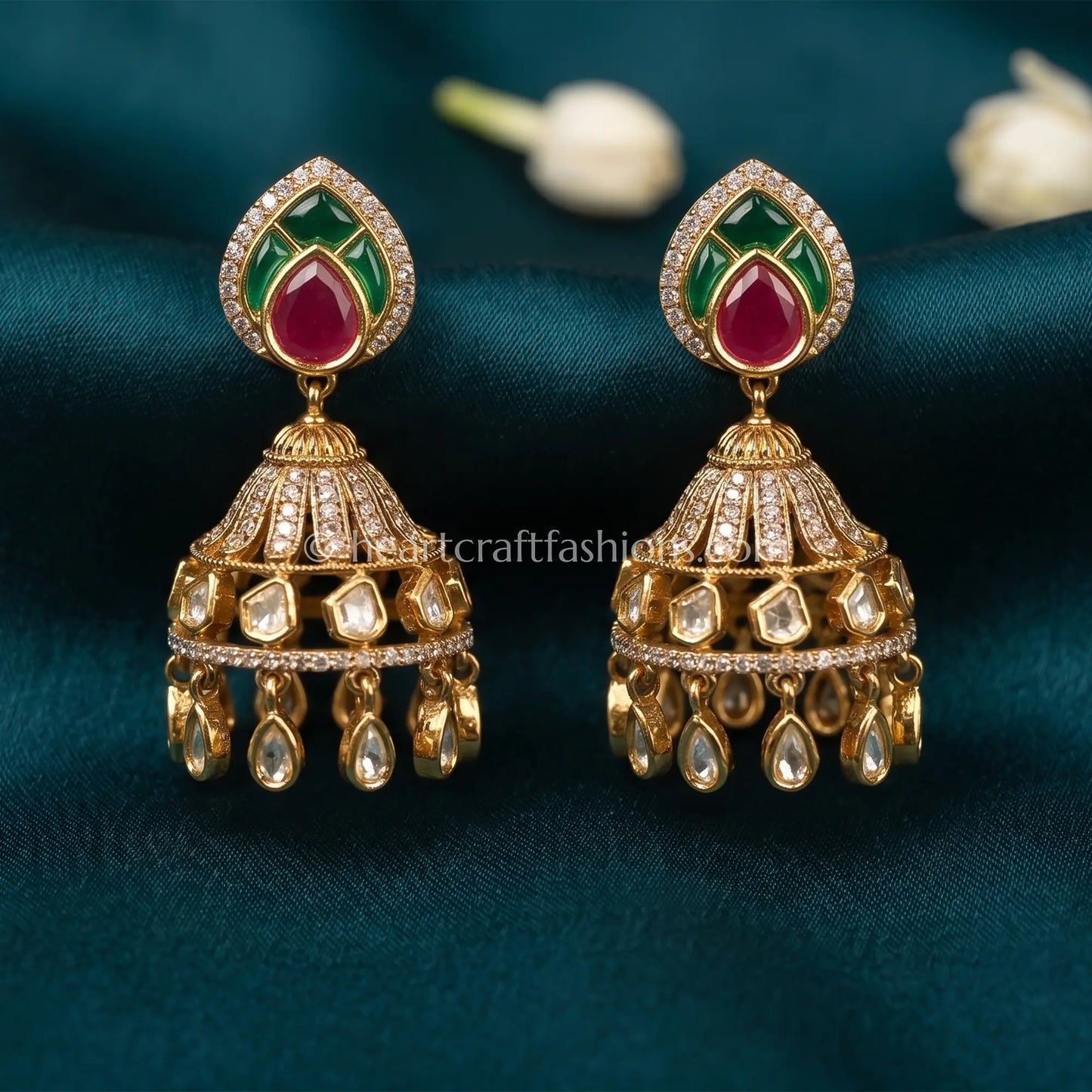Sunehri Kundan Ruby Emerald Jhumka Earrings