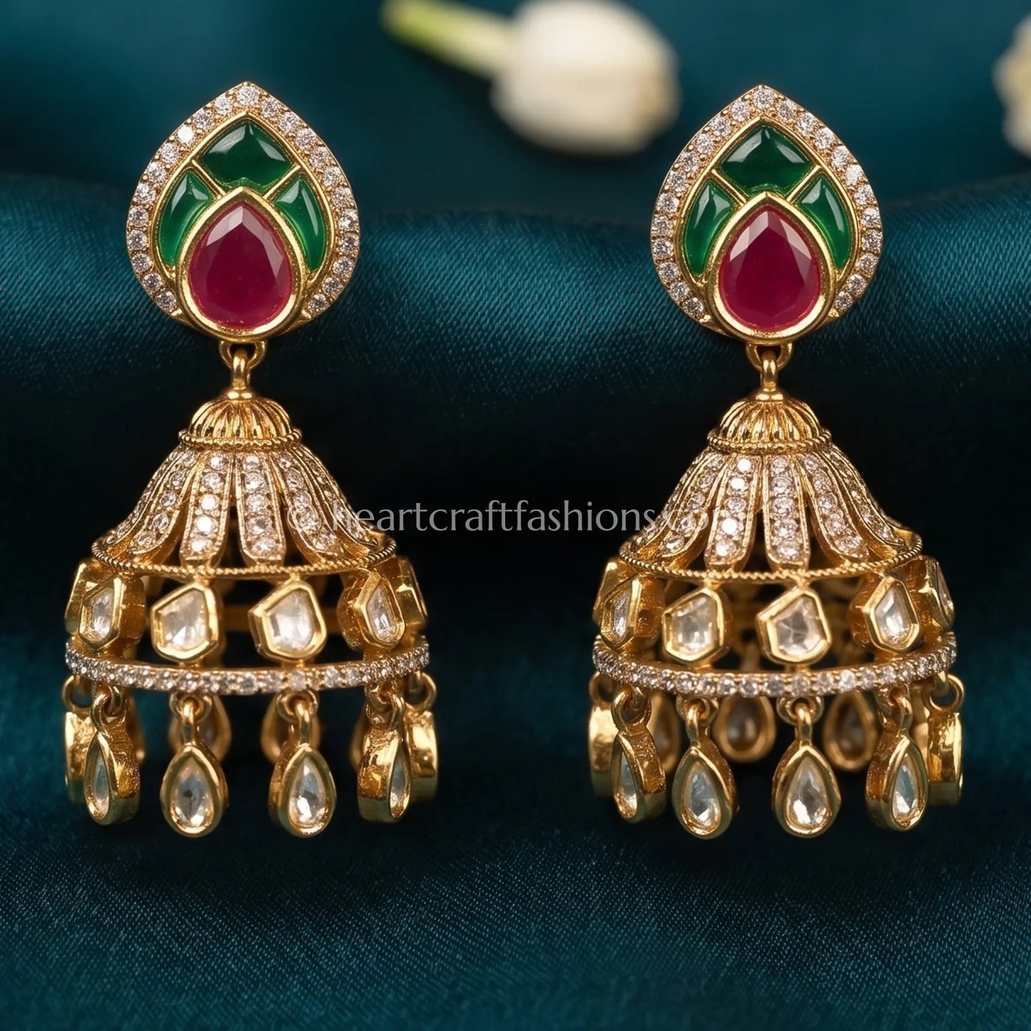 Sunehri Kundan Ruby Emerald Jhumka Earrings