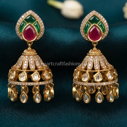 Sunehri Kundan Ruby Emerald Jhumka Earrings