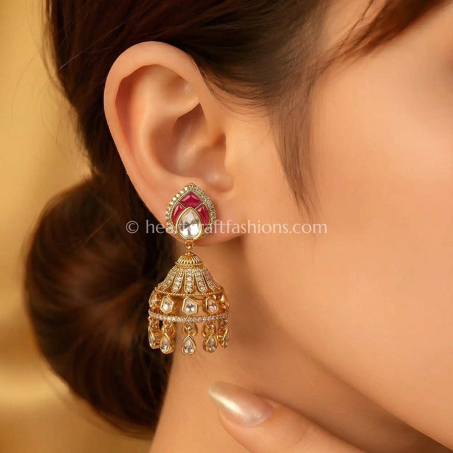 Sunehri Kundan Ruby Jhumka Earrings