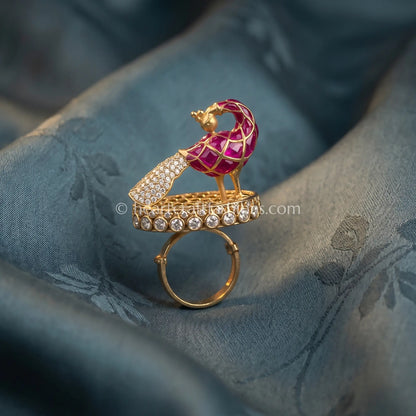 Sunehri Kundan Ruby Peacock Ring