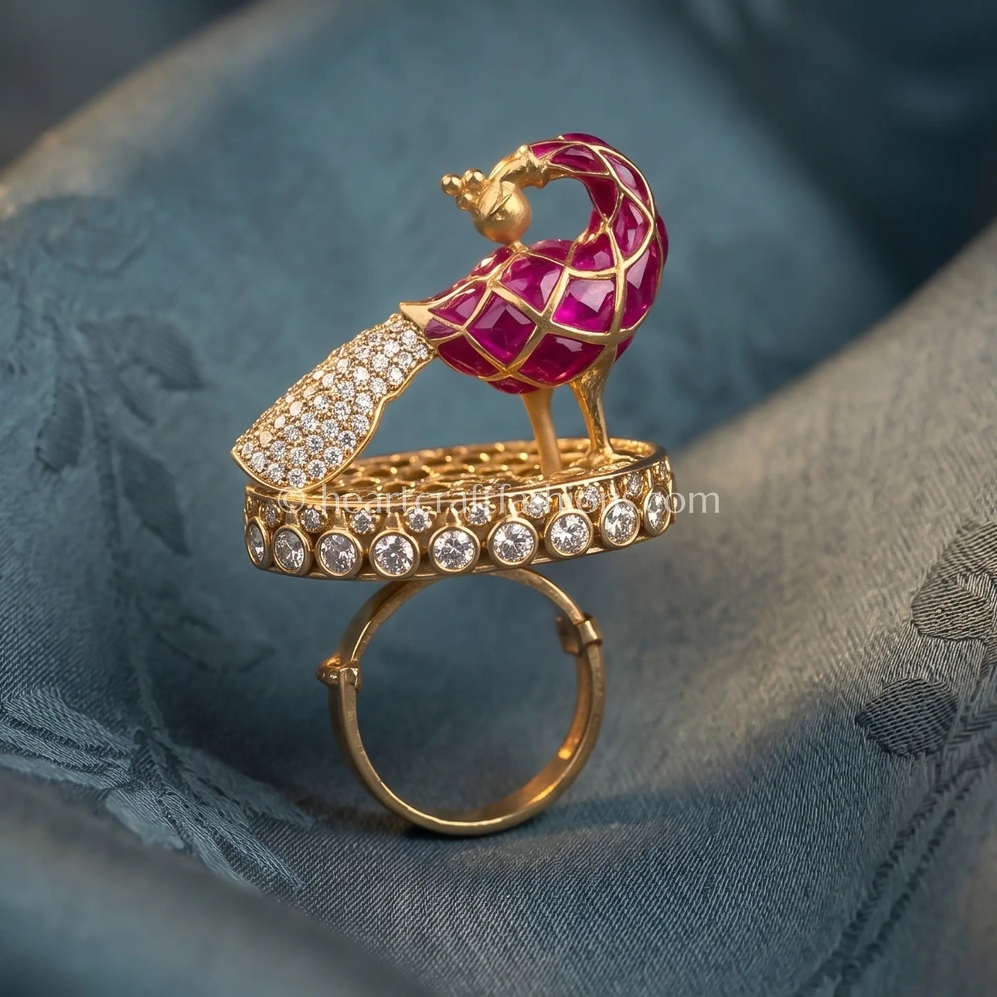 Sunehri Kundan Ruby Peacock Ring