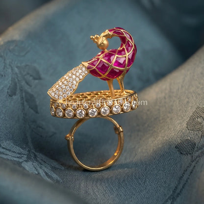 Sunehri Kundan Ruby Peacock Ring