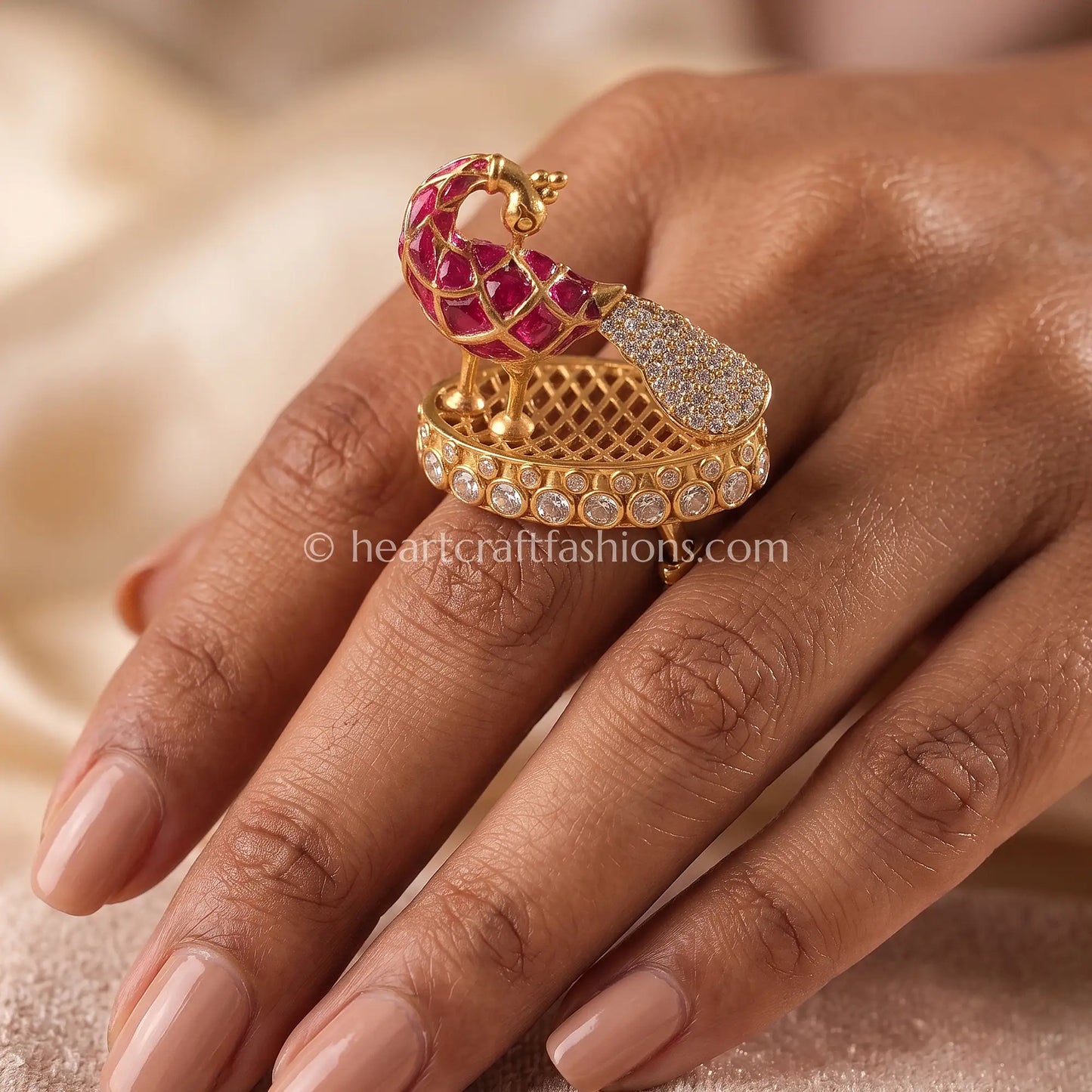 Sunehri Kundan Ruby Peacock Ring