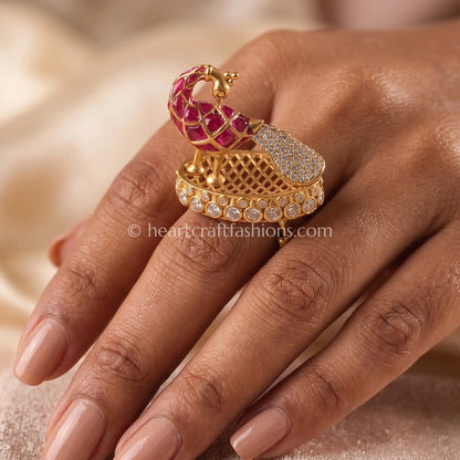 Sunehri Kundan Ruby Peacock Ring