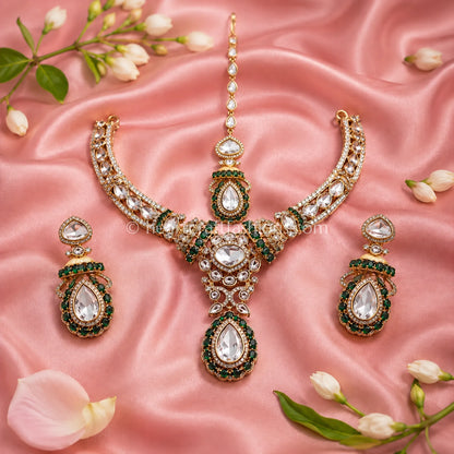 Sunehri Uncut Kundan & Royal Emerald Drop Necklace Set with Maang Tikka