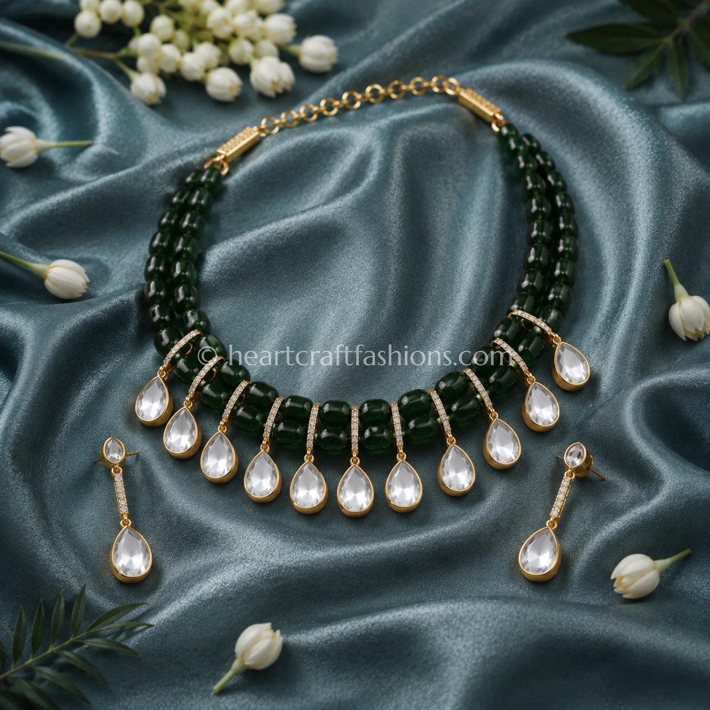Sunehri Uncut Kundan & Semi-Precious Emerald Green Bead Choker Set