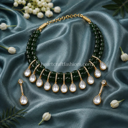 Sunehri Uncut Kundan & Semi-Precious Emerald Green Bead Choker Set
