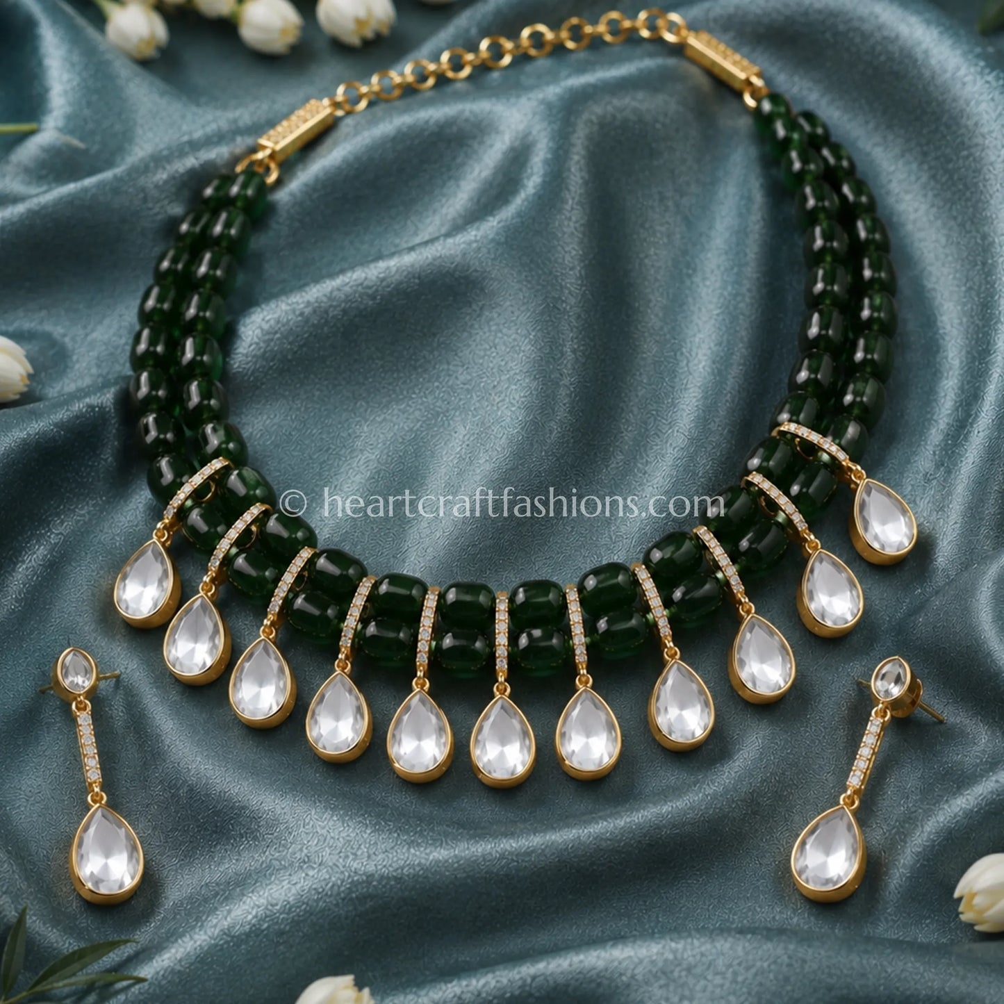 Sunehri Uncut Kundan & Semi-Precious Emerald Green Bead Choker Set
