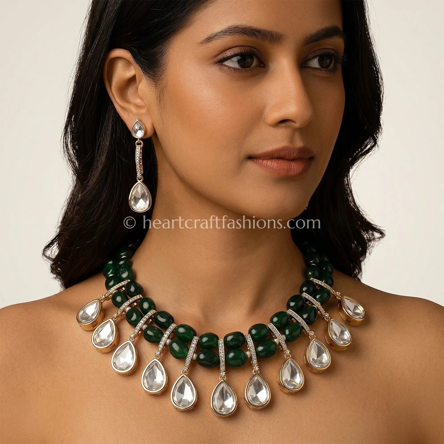 Sunehri Uncut Kundan & Semi-Precious Emerald Green Bead Choker Set