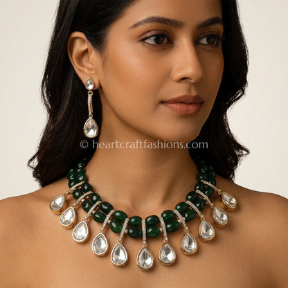Sunehri Uncut Kundan & Semi-Precious Emerald Green Bead Choker Set