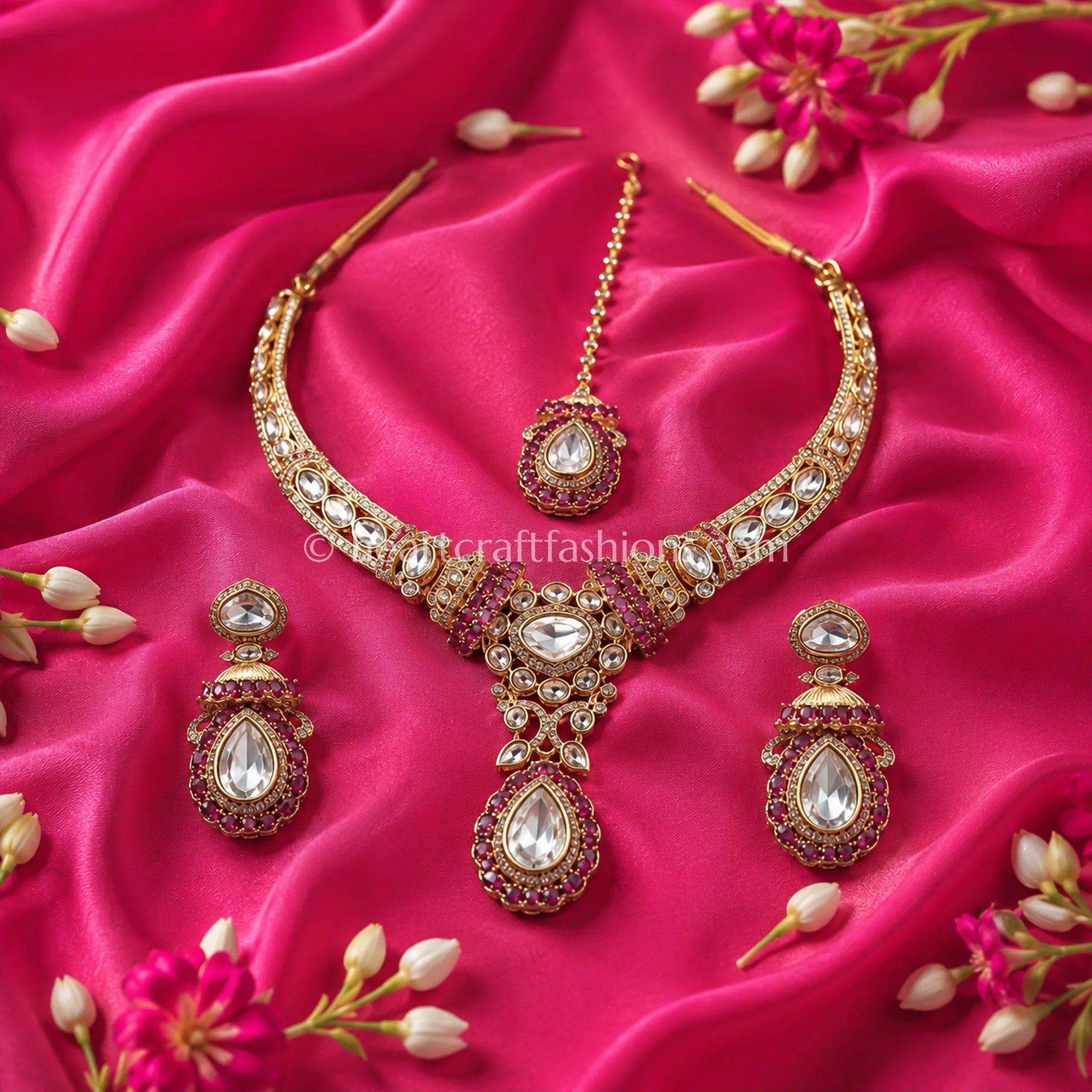 Sunehri Uncut Kundan & Royal Ruby Drop Necklace Set with Maang Tikka