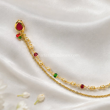 Teardrop Ruby Heritage Kundan Press Nath with Layered Chain