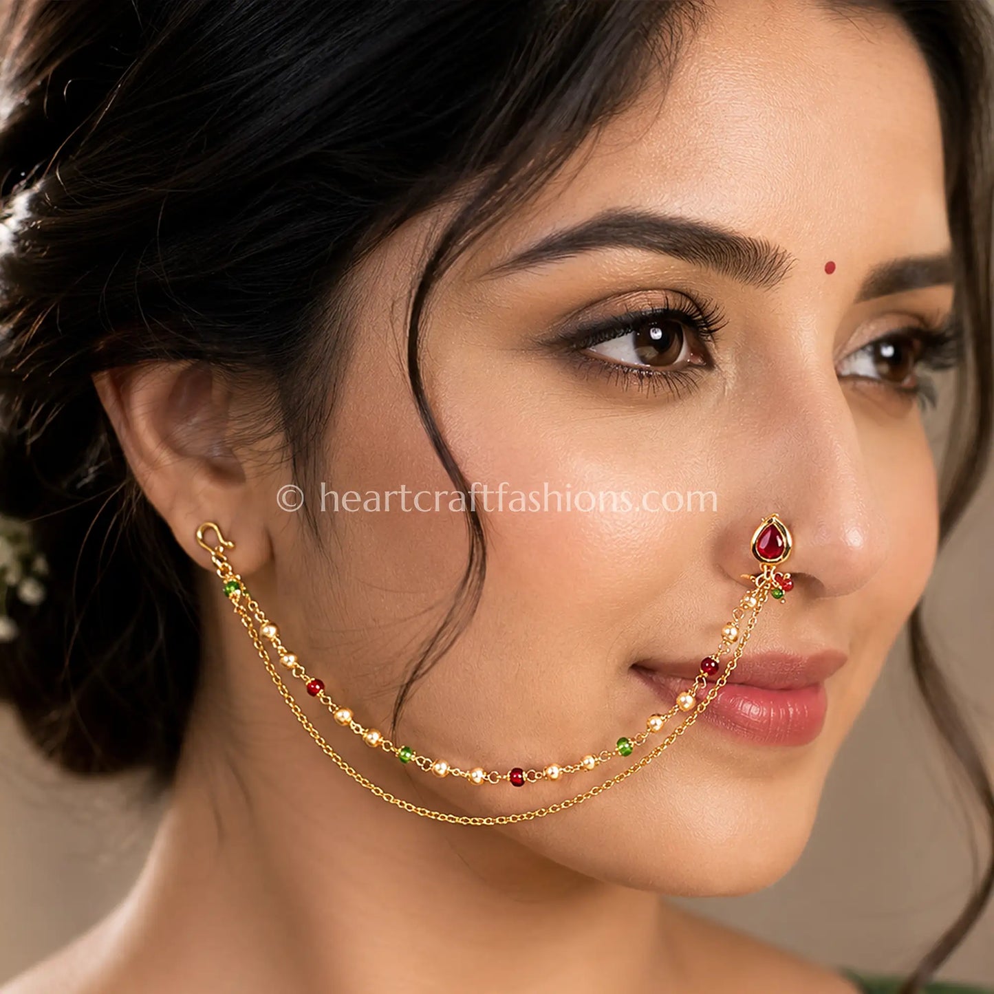Teardrop Ruby Heritage Kundan Press Nath with Layered Chain