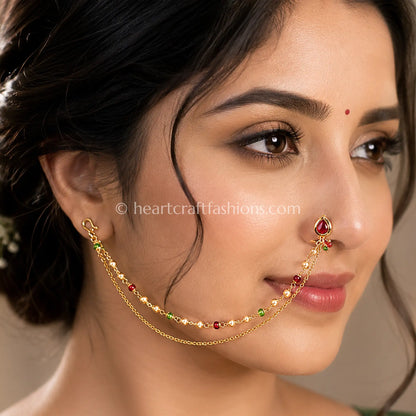 Teardrop Ruby Heritage Kundan Press Nath with Layered Chain