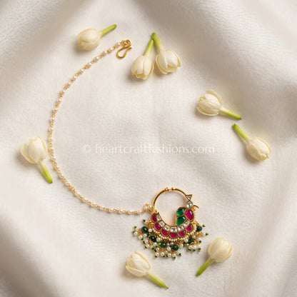 Traditional Peacock Crest Pachi Kundan Bridal Nath