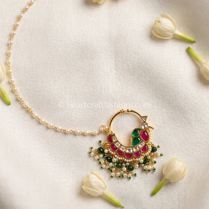 Traditional Peacock Crest Pachi Kundan Bridal Nath