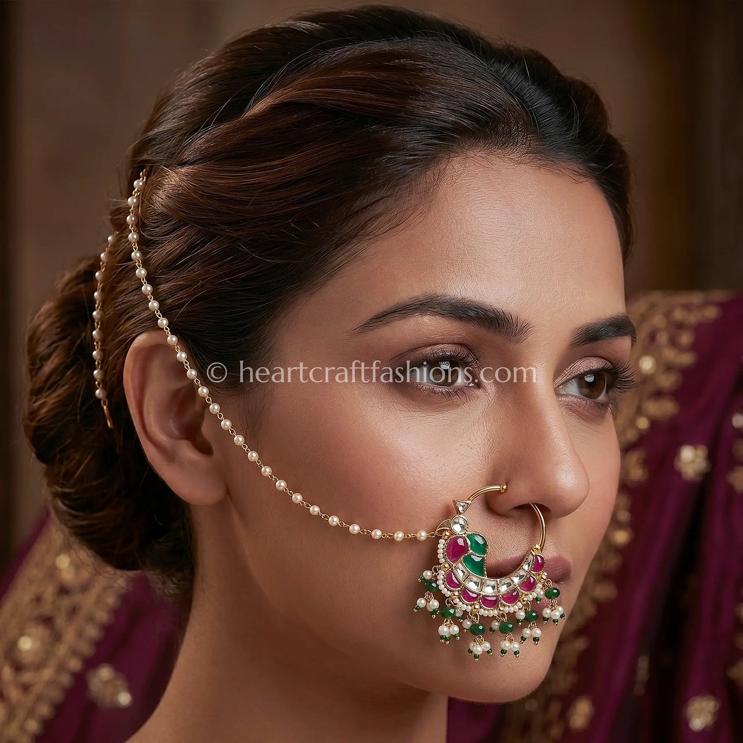 Traditional Peacock Crest Pachi Kundan Bridal Nath