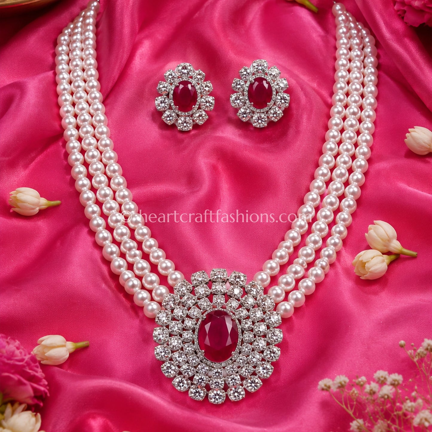 Triple-Strand Pearl Rani Haar with Ruby Medallion