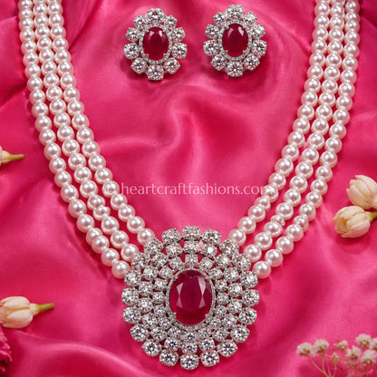 Triple-Strand Pearl Rani Haar with Ruby Medallion