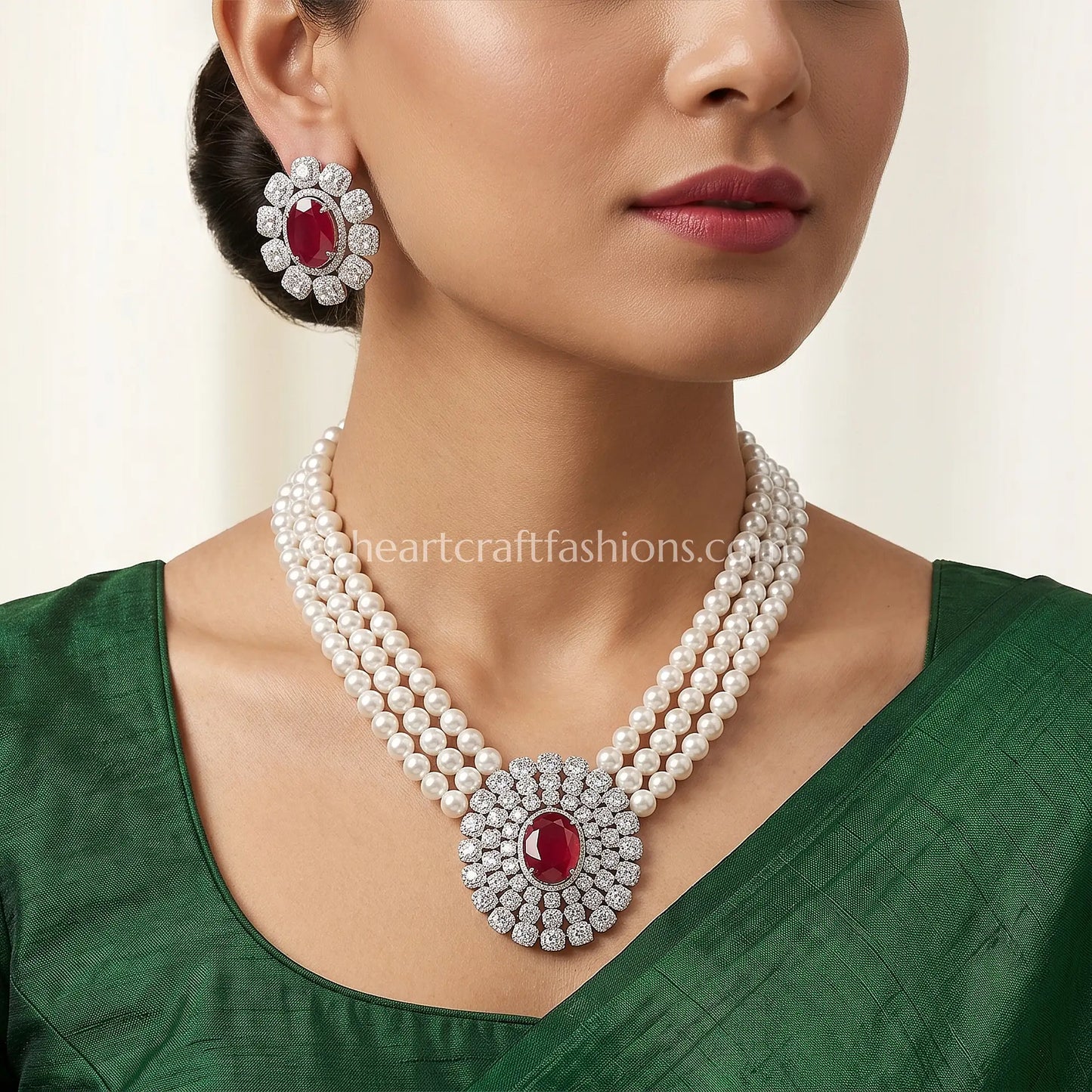 Triple-Strand Pearl Rani Haar with Ruby Medallion