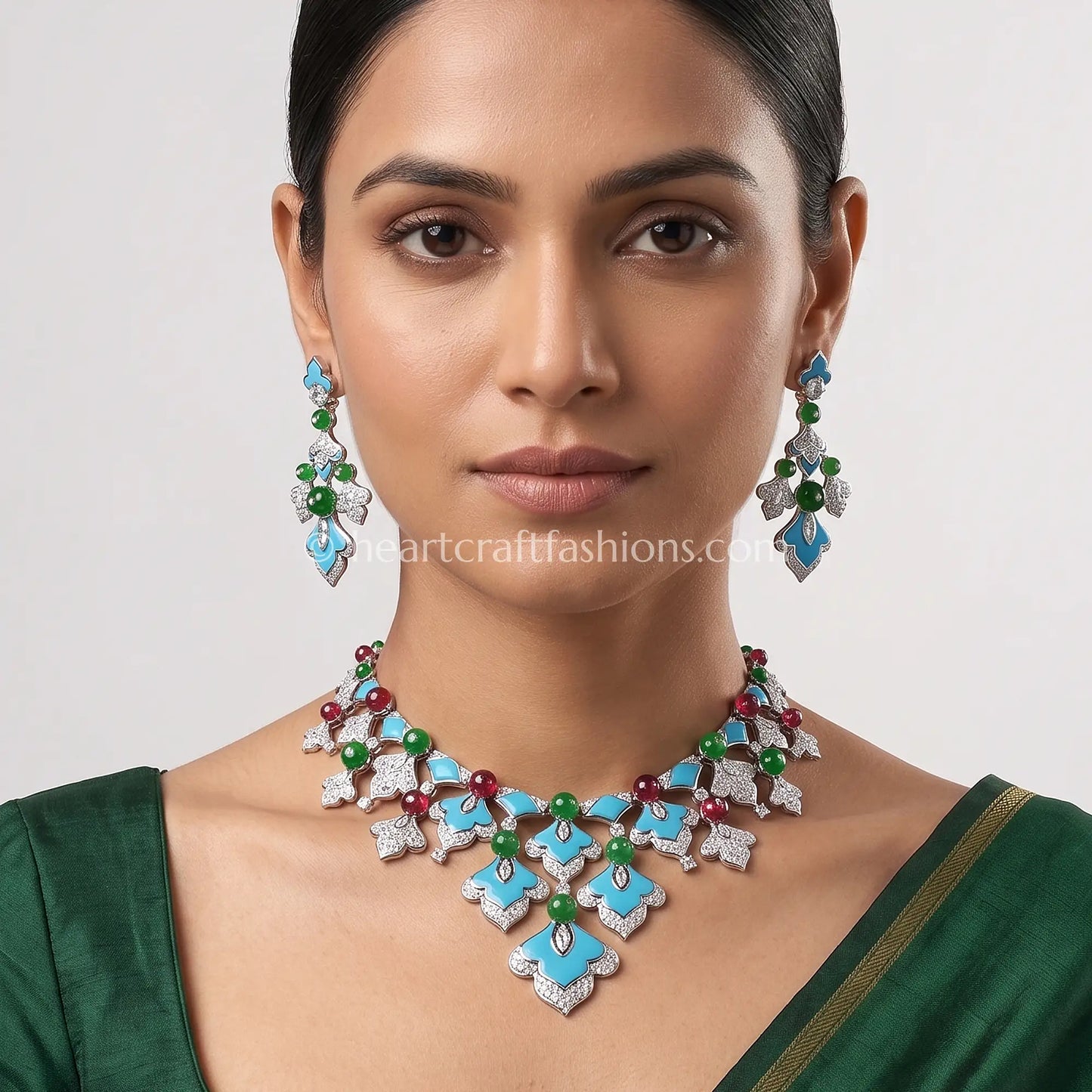 Turquoise & Emerald Enamel Mughal Floral Set