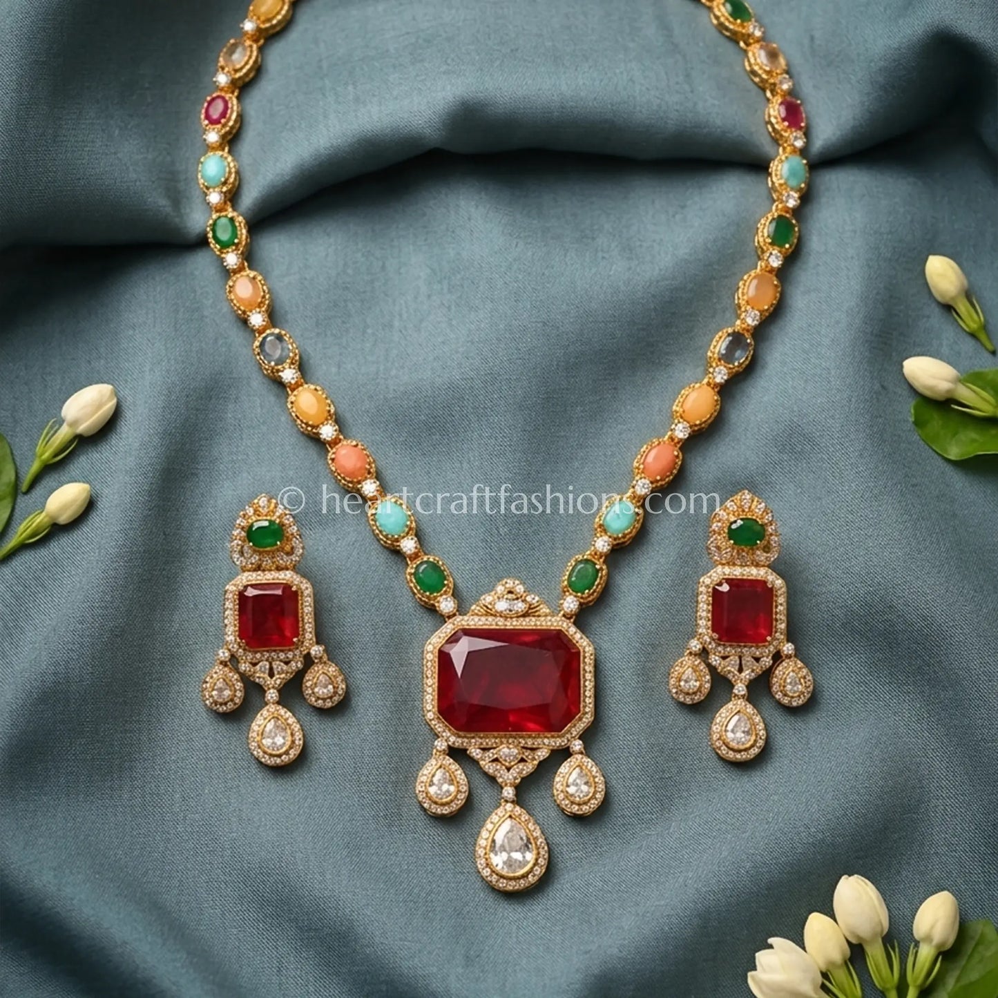 Vibrant Moissanite Polki Navratna Doublet Necklace