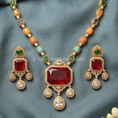 Vibrant Moissanite Polki Navratna Doublet Necklace