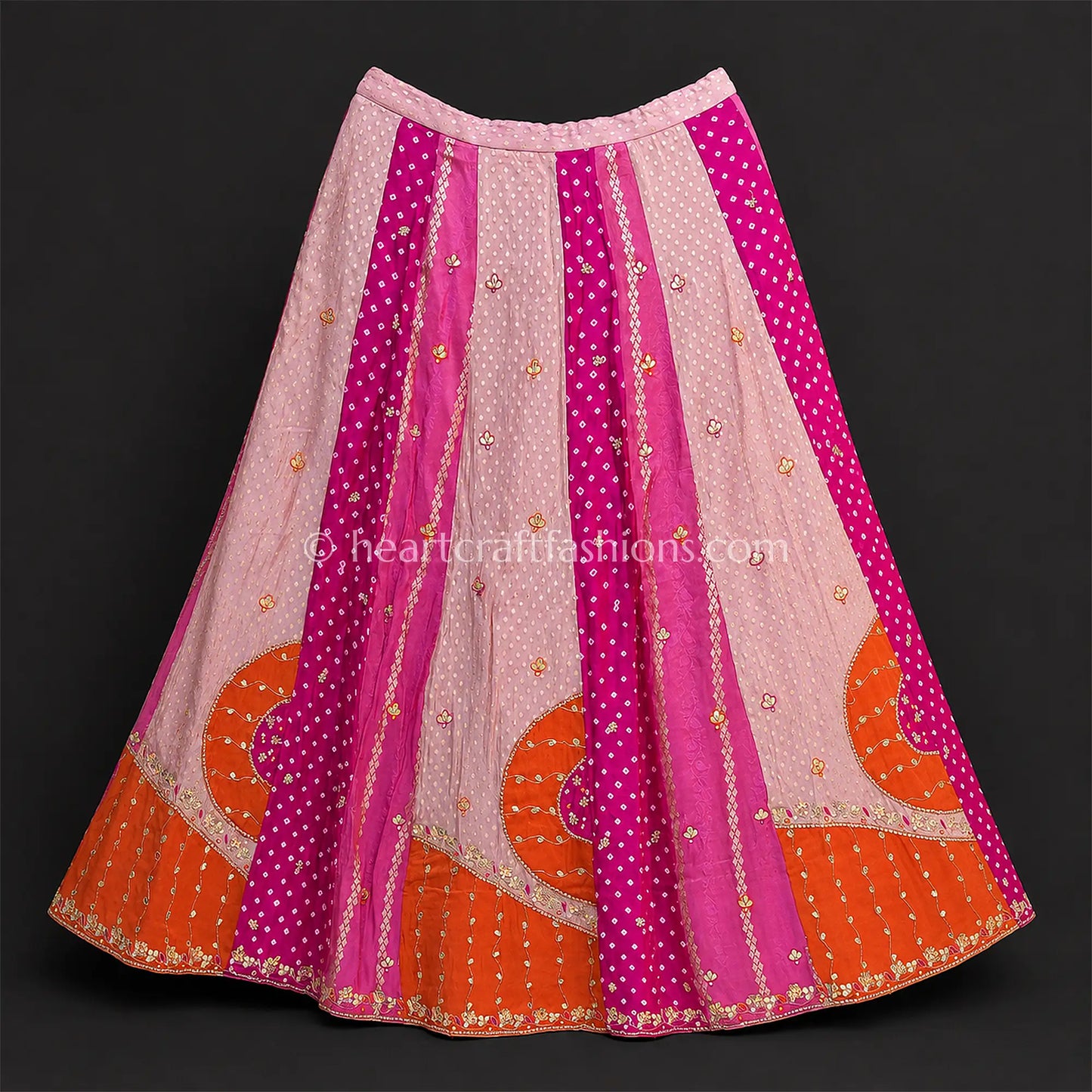 Vasundhara Multi-Color Gajji Silk Paneled Bandhej Lehenga