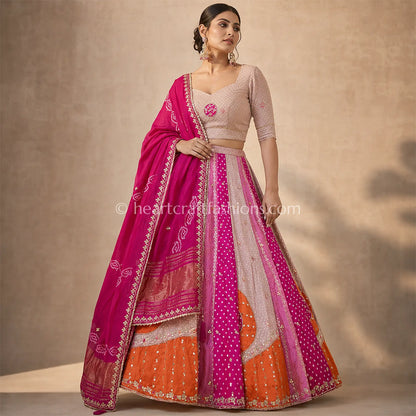 Vasundhara Multi-Color Gajji Silk Paneled Bandhej Lehenga