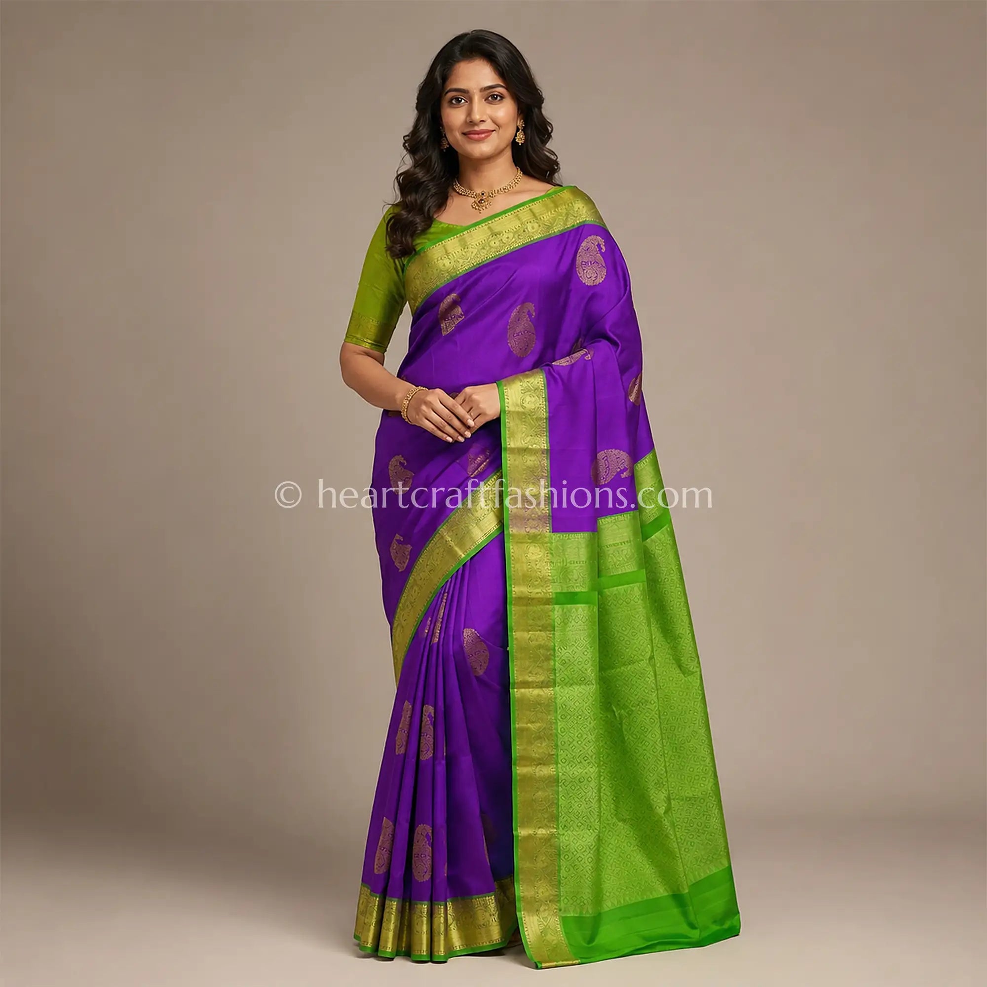 Vibrant Purple- Parrot Green Kanjivaram Silk Saree