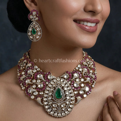 Victorian Moissanite Polki Emerald Ruby Bridal Necklace Set