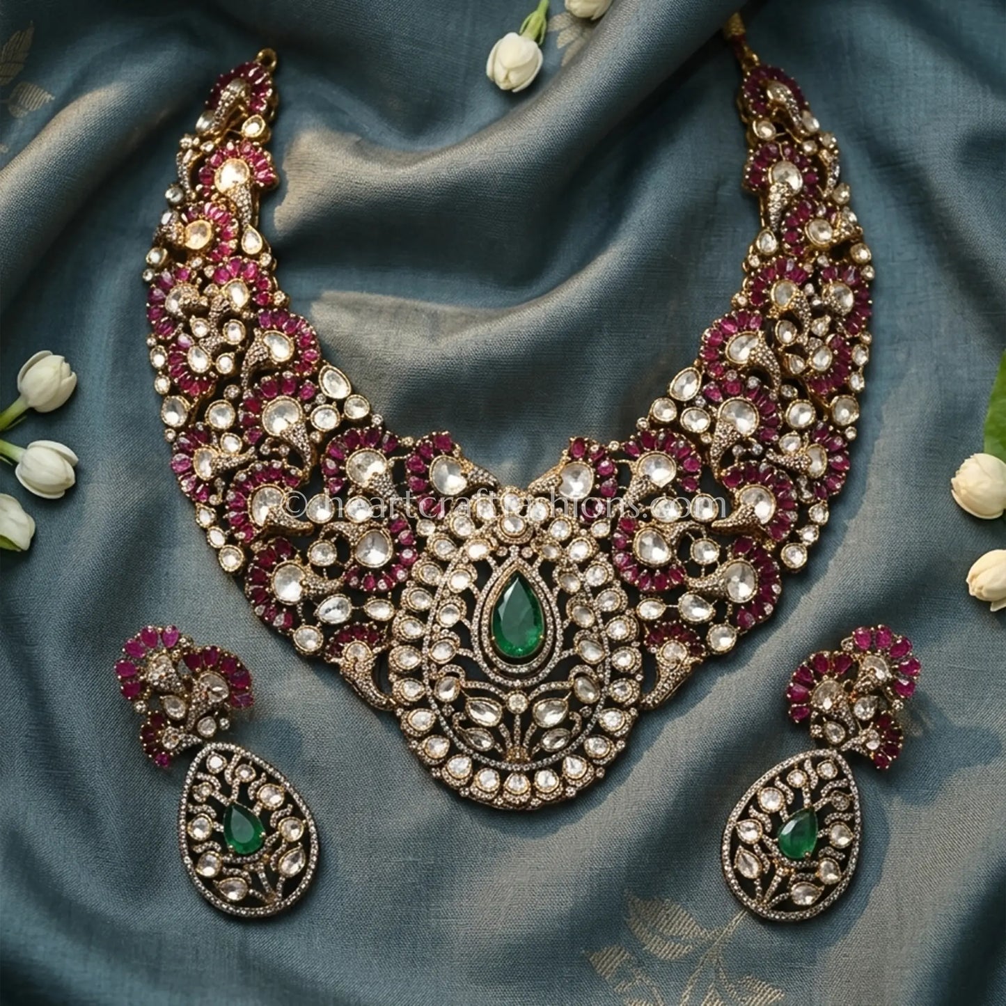 Victorian Moissanite Polki Emerald Ruby Bridal Necklace Set
