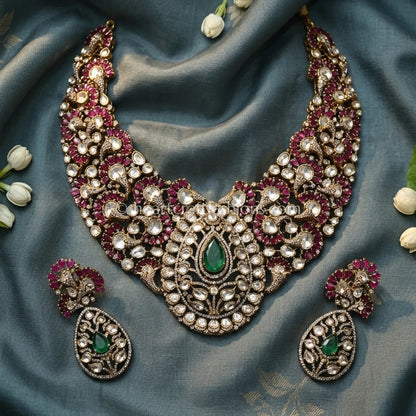Victorian Moissanite Polki Emerald Ruby Bridal Necklace Set