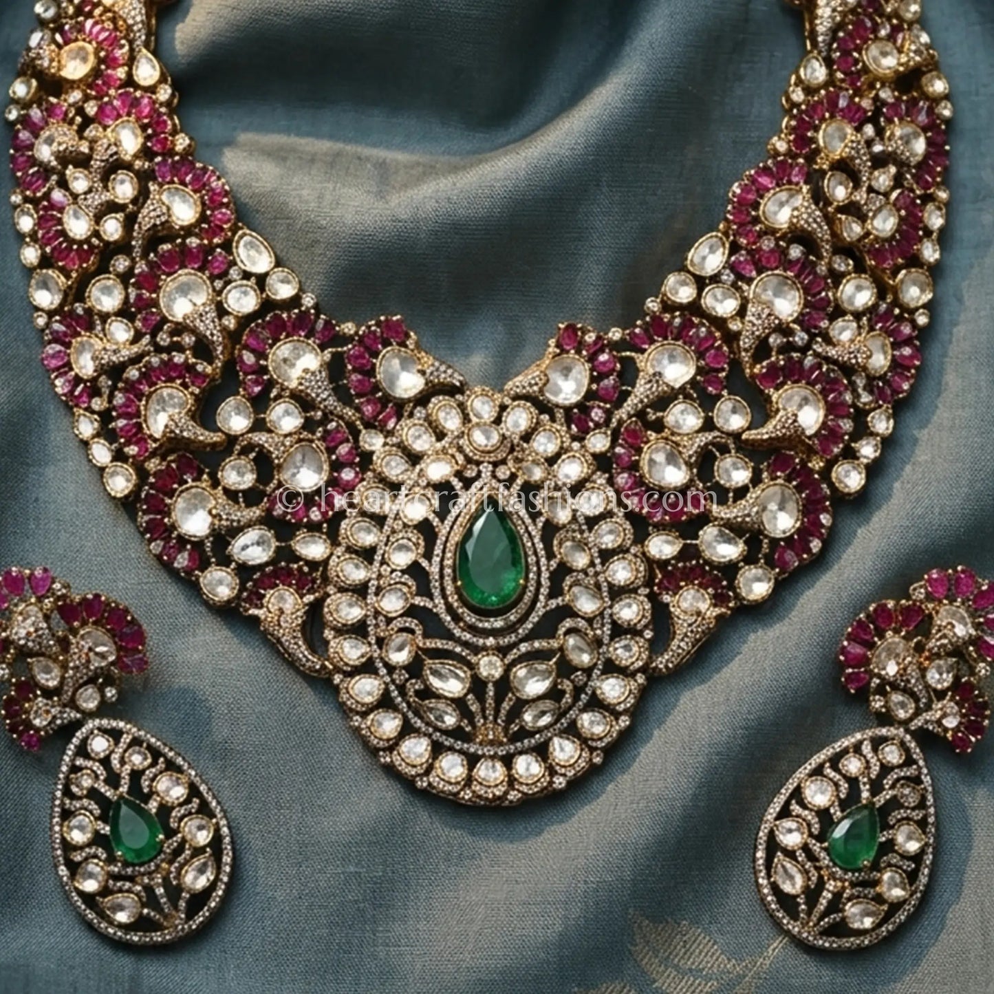 Victorian Moissanite Polki Emerald Ruby Bridal Necklace Set