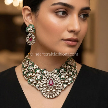 Victorian Moissanite Polki Emerald Ruby Statement Necklace Set