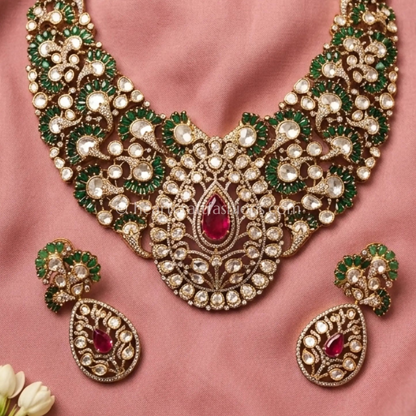 Victorian Moissanite Polki Emerald Ruby Statement Necklace Set