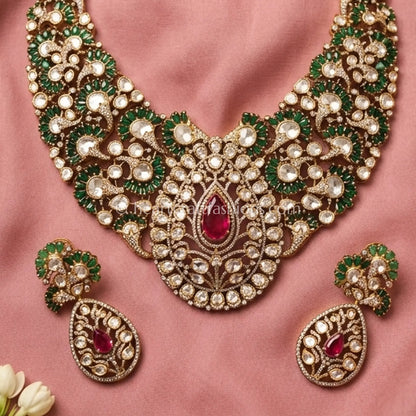 Victorian Moissanite Polki Emerald Ruby Statement Necklace Set