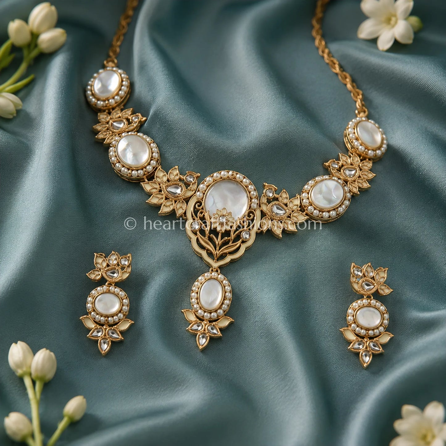 Vintage Amrapali Mother-of-Pearl & Antique Gold Peacock Necklace Set