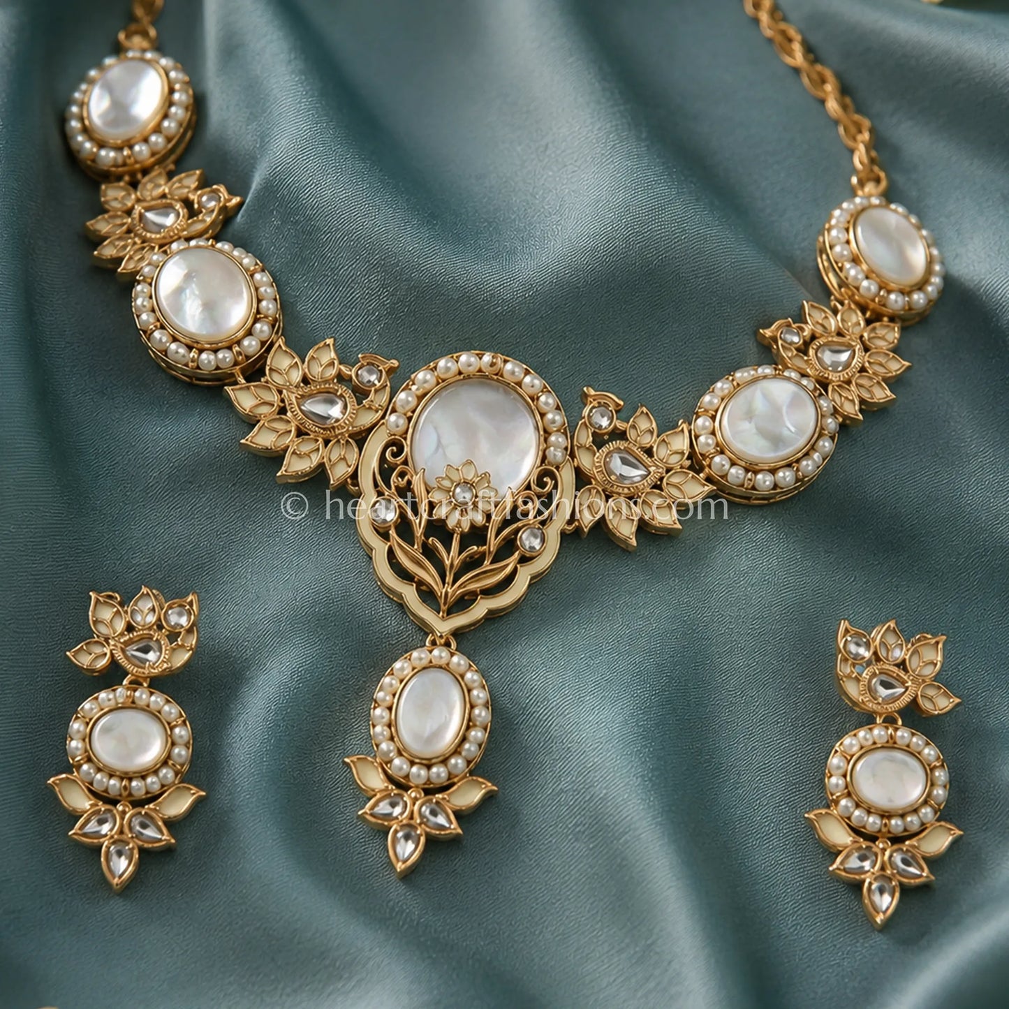 Vintage Amrapali Mother-of-Pearl & Antique Gold Peacock Necklace Set