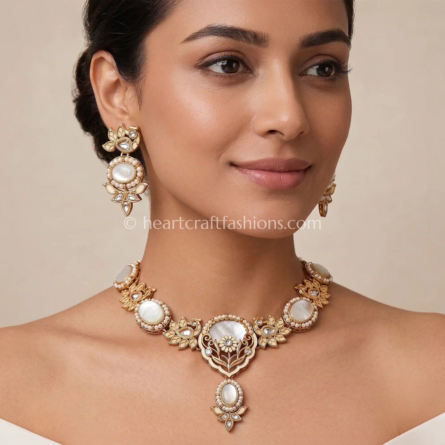 Vintage Amrapali Mother-of-Pearl & Antique Gold Peacock Necklace Set